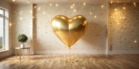 Poster - Golden Heart Balloon in a Festive Room with Confetti and Soft Lighting