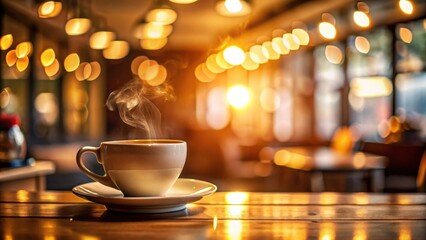 Poster - Warm Steam Rising from a Coffee Cup in a Cozy Cafe Setting