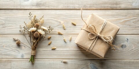Poster - Rustic Dried Flower Bouquet and Simple Kraft Gift Presentation on Wooden Surface