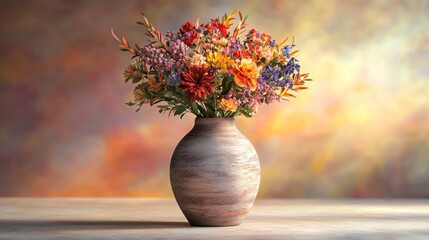 Wall Mural - Colorful autumn flower bouquet in rustic vase.