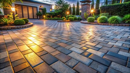 Poster - Evening Glow on a Brick Paver Driveway with Landscape Lighting