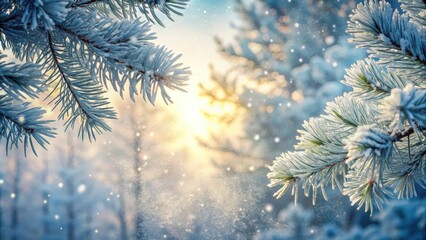 Poster - Winter Wonderland Frost-Covered Pine Branches Glisten in the Sun's Rays