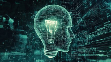 Digital head, idea, code, innovation, future tech background