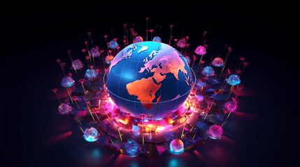 Poster - Businessman hand touching global network and data exchanges over the world connections, representing global communication and technology in a dark, starry background 