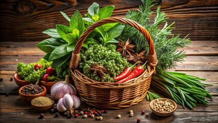 Wall Mural - Fresh Herbs and Spices Basket , healthy, herbs,  healthy, herbs