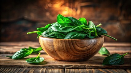 Poster - Fresh Spinach in Rustic Wooden Bowl on Dark Table