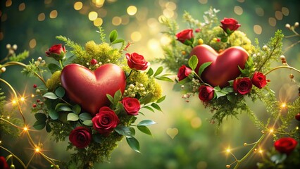 Wall Mural - Red hearts entwined in a delicate floral arrangement, surrounded by greenery and subtle golden accents, conveying unity and love amidst nature's beauty, romance, red hearts