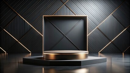 Fototapete - Elegant Dark Display with Gold Accents and Geometric Paneling