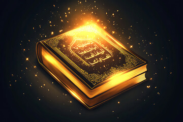 Poster - A glowing, ornate book with Arabic text, symbolizing knowledge and spirituality.