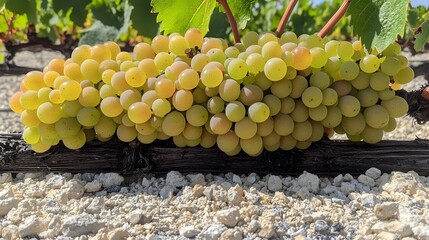 close up view of a lush full cluster of ripe juicy grapes hanging on a verdant grapevine in a sunny 