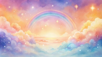 Wall Mural - Pastel Rainbow Arch Over Dreamlike Cloudscape with Sparkling Stars and Soft Light