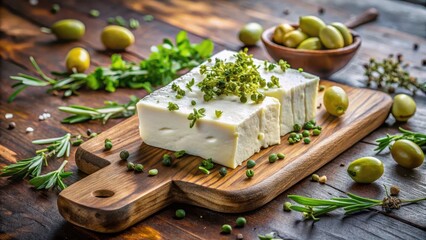 Wall Mural - Crumbly white Greek cheese feta sitting atop a rustic wooden board with scattered fresh thyme leaves and pitted green olives, surrounded by lush greenery , wood, herbs