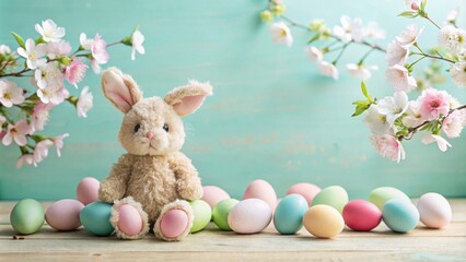 Poster - Pastel Easter Bunny with Spring Blossoms and Eggs