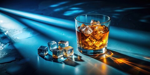Poster - Aromatic amber spirit rests in a rocks glass with ice cubes on a cool blue surface