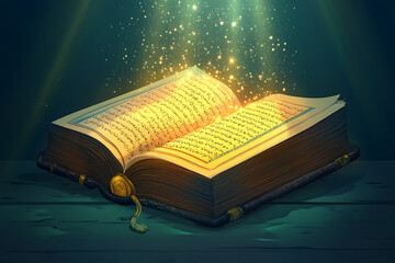 Poster - An illuminated open book with glowing text, surrounded by magical sparkles.