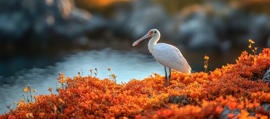 Wall Mural - Eurasian Spoonbill sunset coastal flowers