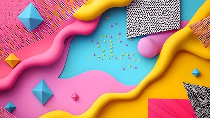 Poster - Vibrant geometric shapes and patterns create a modern abstract and colorful background design  The composition features a dynamic arrangement of 3D digital elements in a bold playful