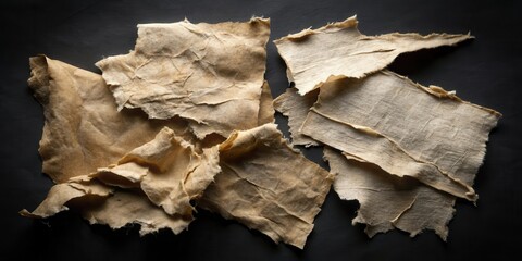 Poster - Tattered Beige Fabric Pieces on Dark Surface A Textured Background