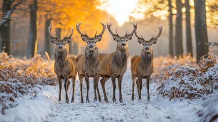 Wall Mural - Four red deer bucks stand in snowy woodland at sunrise; winter wildlife scene