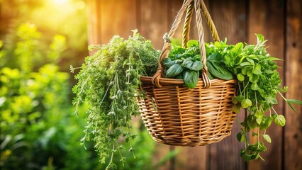 Wall Mural - Fresh Herbs Hanging from a Wicker Basket , hanging, herbs,  hanging, herbs, drying