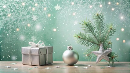 Poster - Silver Festive Gift Box, Ornament, and Star with Evergreen Branch
