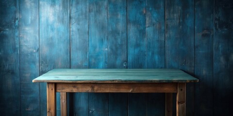 Poster - Rustic wooden table against a teal painted wood backdrop, ideal for product display or background use