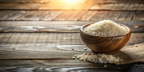 Poster - A wooden bowl of uncooked rice sits on a rustic wooden surface