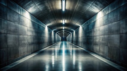 Poster - A long, dimly lit pedestrian underpass with tiled walls and a reflective floor