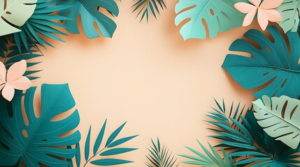 Poster - Soft elegant background with a clean minimalist layout featuring tropical leaves and a soothing pastel color palette  This digital or artwork could be used as a wallpaper pattern