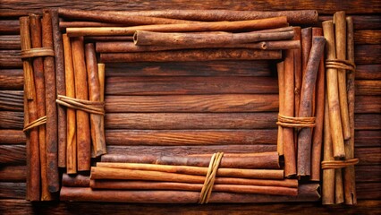 Poster - Rustic Cinnamon Sticks Frame on Dark Wooden Background
