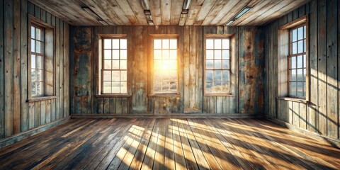 Fototapete - Rustic Wooden Room Interior with Sunlit Windows and Weathered Walls