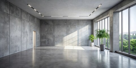 Aufkleber - Modern minimalist room design with concrete walls and large windows showcasing natural light