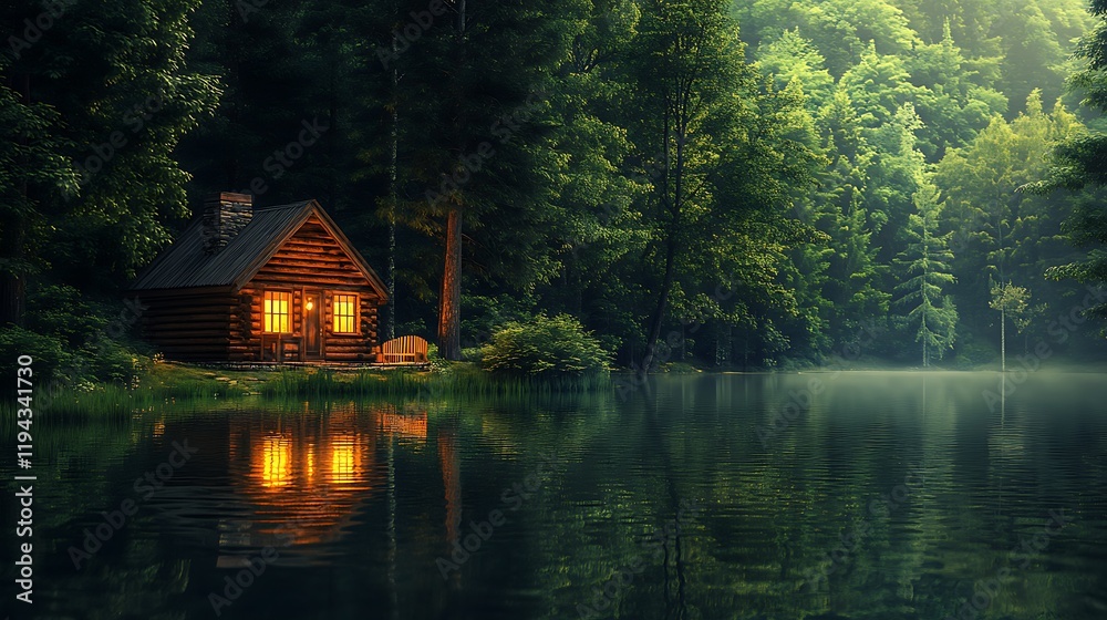 A small log cabin by a still lake, nestled in a forest clearing, the ...