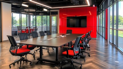 Spacious and well designed conference room with a large wooden table ergonomic chairs and floor to ceiling windows providing a professional and collaborative environment for business meetings