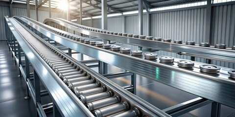Poster - Modern Industrial Conveyor System with Polished Metal Rollers and Components