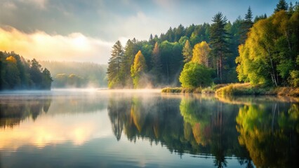 Wall Mural - Soothing nature scenery with misty forest and calm water, calm, nature, calm