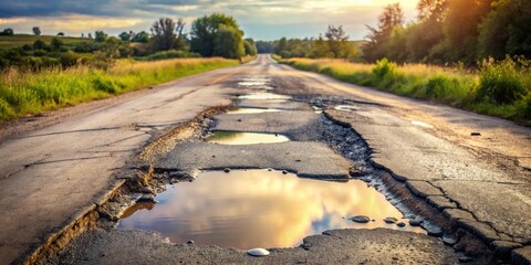 Poster - Sunset Reflects in Potholes on a Rural Asphalt Road