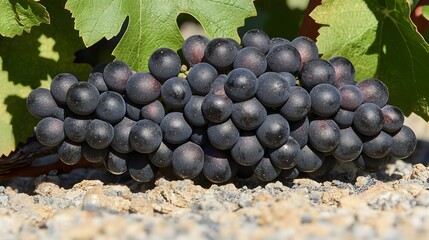 Wall Mural - close up of a lush bunch of deep purple ripe grapes hanging from the grapevine under the warm and br