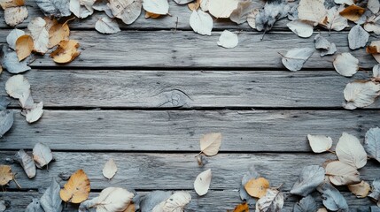 Poster - gray wooden background featuring fallen autumn leaves ideal for vintage textured mockup with copy sp
