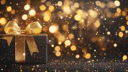 Poster - Elegant gift box with gold ribbon set against a blurred bokeh lights background for festive celebrations and special occasions.