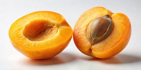 Poster - Close-up view of two halved apricots showcasing vibrant orange flesh and a single seed