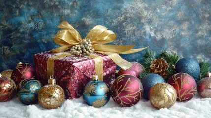 Wall Mural - Festive gift box adorned with golden ribbon surrounded by vibrant Christmas ornaments on a snowy tabletop in a beautiful holiday setting