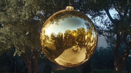Poster - Giant Gold Christmas Ornament Suspended Among Lush Greenery Creating a Festive Holiday Atmosphere