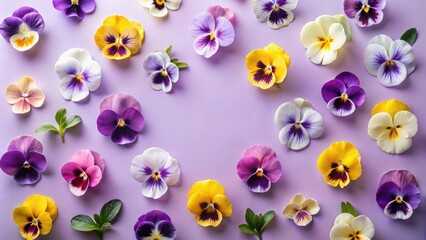 Poster - Vibrant Pansy Flowers Arranged on a Lavender Background Creating a Delightful Floral Pattern