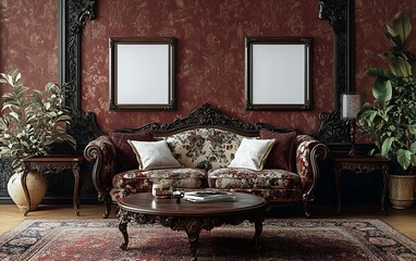 Ornate Victorian living room,  two empty frames, plush sofa, coffee table.  Interior design mockup