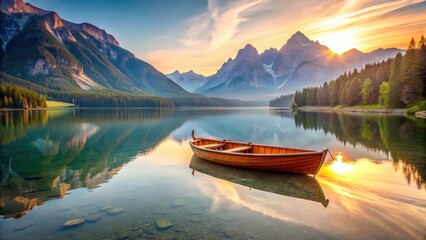 Wall Mural - Alpine lake with wooden boat and mountains in the background at sunrise, outdoors, lake scene,  outdoors