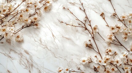 Wall Mural - Delicate soft blooming flowers on a white marble background showcasing minimalist beauty and subtle colors in an elegant arrangement