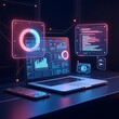 © Tanjila Creativegd - A futuristic digital workspace featuring a laptop at the center, surrounded by floating holographic screens displaying data charts and coding interfaces.