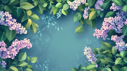 Poster - Lilac flowers and lush green leaves creating a vibrant nature-inspired border on a tranquil blue background