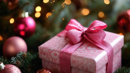 Poster - Pink gift box wrapped with ribbon nestled among Christmas decorations and lights in a festive atmosphere.